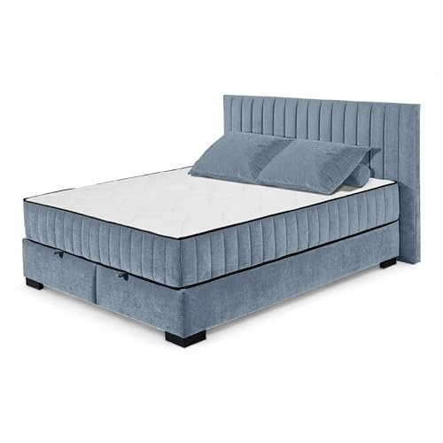 Stella Trading NAGOL C Boxbett 160x200, Denim - Bequemes Doppelbett mit Bettkasten und Premium 9-Zonen-Federkern Wendematratze - 185 x 114 x 214 cm (B/H/T) von Stella Trading