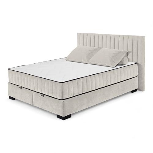 NAGOL C Boxbett 160x200, Sand - Bequemes Doppelbett mit Bettkasten und Premium 9-Zonen-Federkern Wendematratze - 185 x 114 x 214 cm (B/H/T) von Stella Trading