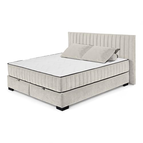 NAGOL C Boxbett 180x200, Sand - Bequemes Doppelbett mit Bettkasten und Premium 9-Zonen-Federkern Wendematratze - 205 x 114 x 214 cm (B/H/T) von Stella Trading