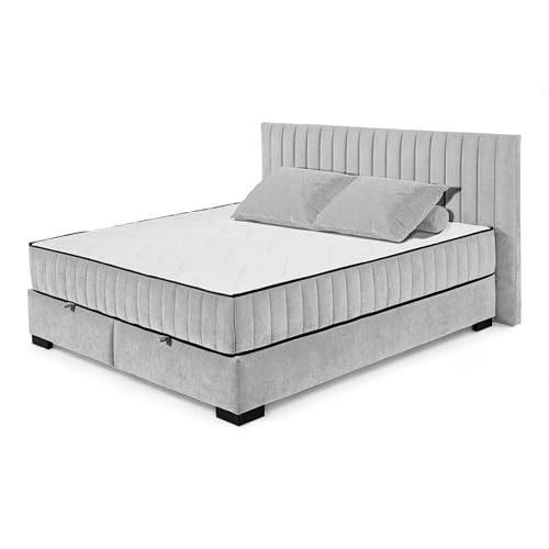NAGOL C Boxbett 180x200, Silber - Bequemes Doppelbett mit Bettkasten und Premium 9-Zonen-Federkern Wendematratze - 205 x 114 x 214 cm (B/H/T) von Stella Trading