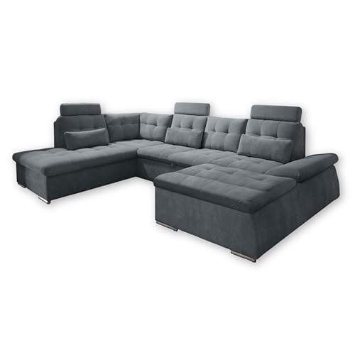 NALO Wohnlandschaft in U-Form, Stoffbezug Anthrazit - Ausziehbares Sofa mit Schlaffunktion & Bettkasten - 324 x 107 x 170 (218) cm (B/H/T) von Stella Trading