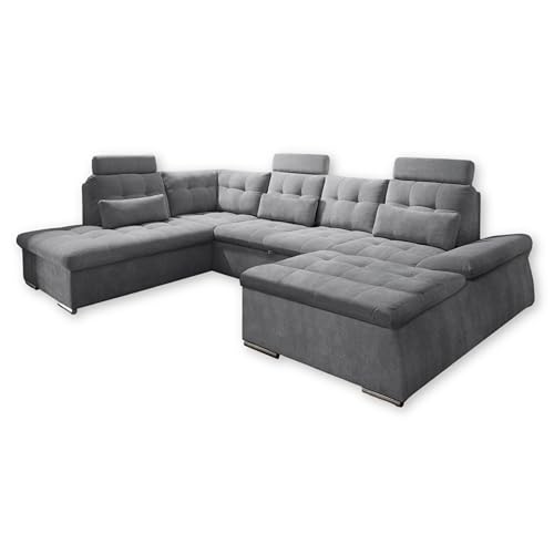 NALO Wohnlandschaft in U-Form, Stoffbezug Dunkelgrau - Ausziehbares Sofa mit Schlaffunktion & Bettkasten - 324 x 107 x 170 (218) cm (B/H/T) von Stella Trading