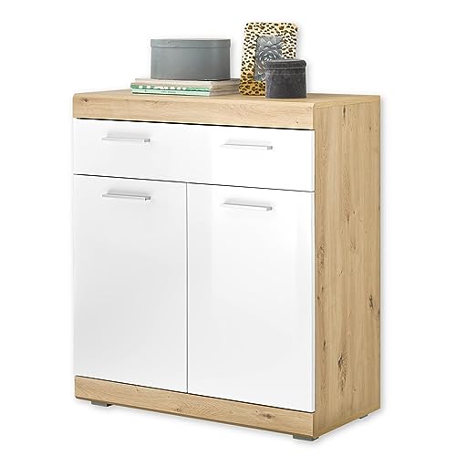 Stella Trading NOLA Kommode in Artisan Eiche Optik, Weiß Hochglanz - Moderne Kommode mit Schublade und viel Stauraum - 80 x 91 x 38 cm (B/H/T) von Stella Trading