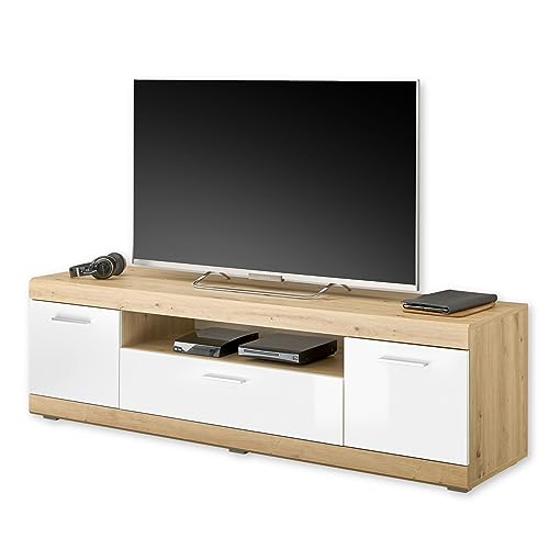 NOLA TV-Lowboard in Artisan Eiche Optik, Weiß Hochglanz - Moderner TV Schrank mit Schublade und viel Stauraum für Ihr Wohnzimmer - 165 x 49 x 43 cm (B/H/T) von Stella Trading
