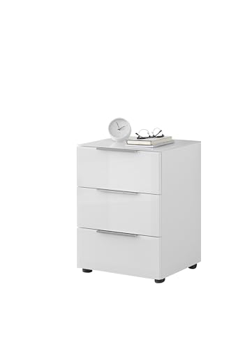 Stella Trading Nachttisch Santorin in weiß mit Glasfront - Moderner Nachtschrank mit DREI Schubladen für Ihr Boxspringbett - 45 x 61 x 40 cm (B/H/T) von Stella Trading