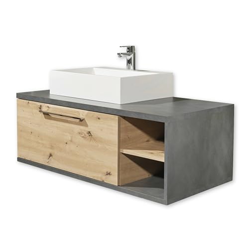 NATHAN Badezimmer Waschbeckenunterschrank mit Waschbecken in Artisan Eiche, Beton Optik - Bad Unterschrank schwebend mit viel Stauraum - 110 x 39 x 53 cm (B/H/T) von Stella Trading