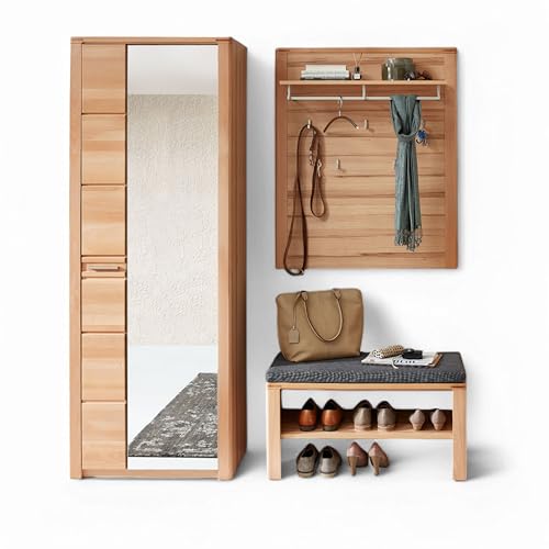 Stella Trading Nature ONE Flurgarderoben Set in Kernbuche Teil-massiv FSC-Zertifiziert - Modernes Garderobenset 3-teilig für Ihren Eingangsbereich - 179 x 201 x 40 cm (B/H/T) von Stella Trading