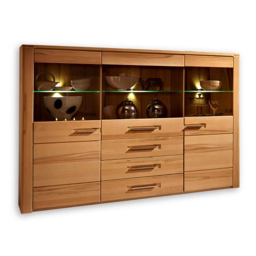 Stella Trading Nature Plus Highboard teil-massiv aus Kernbuchenholz - hochwertiger Eyecatcher inkl. LED-Beleuchtung für Ihren Wohnbereich - 172 x 128 x 42 cm (B/H/T) von Stella Trading