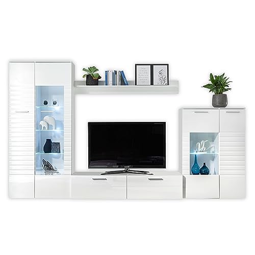 Stella Trading New Long Wohnwand Komplett-Set in Weiß - Moderne Schrankwand mit LED-Beleuchtung für Ihr Wohnzimmer - 320 x 194 x 44 cm (B/H/T) von Stella Trading