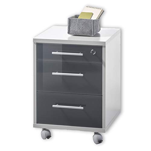 Stella Trading OFFICE LUX Rollcontainer abschließbar, grau mit graphit lackierter Glasfront - Mobiler Büroschrank mit 3 Schubladen - Modernes Büromöbel Komplettset - 40 x 56 x 40 cm (B/H/T) von Stella Trading