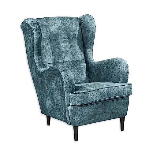 OSKAR Ohrensessel mit geknöpfter Polsterung, Smoke Blue - Vintage Wohnzimmer Sessel mit Massivholz Füßen - 78 x 102 x 98 cm (B/H/T) von Stella Trading