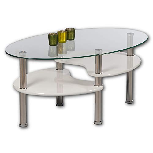 Stella Trading PANTY Couchtisch Glas oval mit zwei Ablagen in Hochglanz weiß - geräumiger Glastisch für Ihren Wohnbereich - 90 x 42 x 55 cm (B/H/T) von Stella Trading