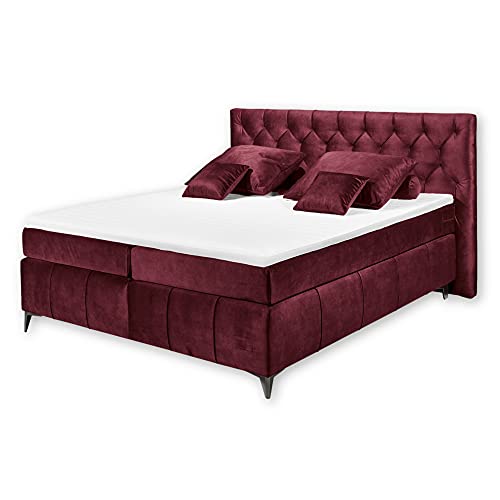 Stella Trading PEMBROKE 8 Boxspringbett 180x200, Burgund - Bequemes Doppelbett mit 7-Zonen-Federkern Matratze & Topper mit Klimaband - 200 x 121 x 210 cm (B/H/T) von Stella Trading