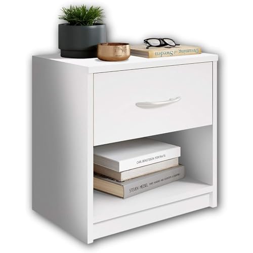 Stella Trading PEPE Nachttisch Weiß - Schlichter Nachtschrank mit einer Schublade passend zu jedem Bett & Schlafzimmer - 39 x 41 x 28 cm (B/H/T).Keine Scharniere erforderlich von Stella Trading
