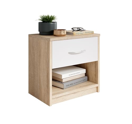 Stella Trading PEPE Nachttisch in Eiche Sonoma Optik, Weiß - Schlichter Nachtschrank mit einer Schublade passend zu jedem Bett & Schlafzimmer - 39 x 41 x 28 cm (B/H/T) von Stella Trading