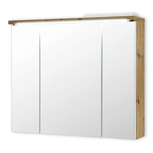 Stella Trading Spiegelschrank Bad mit LED-Beleuchtung in Artisan Eiche Optik, Weiß - Moderner Badezimmerspiegel Schrank mit viel Stauraum - 80 x 69 x 20 cm (B/H/T) von Stella Trading