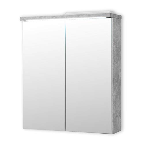 Stella Trading Spiegelschrank Bad mit LED-Beleuchtung in Beton Optik, Weiß - Moderner Badezimmerspiegel Schrank mit viel Stauraum - 60 x 68 x 20 cm (B/H/T) von Stella Trading