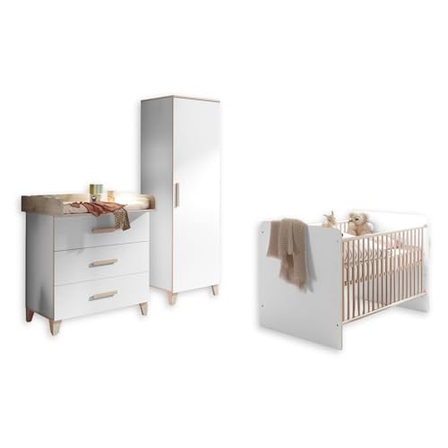 PRIZZI Babyzimmer Komplett-Set in Weiß / Aurum Optik - Babyzimmer Möbel-Set 3-teilig bestehend aus Kleiderschrank, Babybett & Wickelkommode von Stella Trading