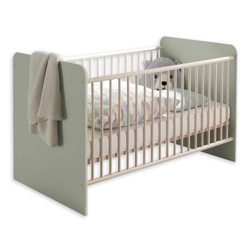 Stella Trading PRIZZI Sicheres Babybett 70x140 cm in Pastellgrün/Aurum Optik - Funktionales Baby Gitterbett mit höhenverstellbarem Lattenrost - 78 x 88 x 143 cm (B/H/T) von Stella Trading