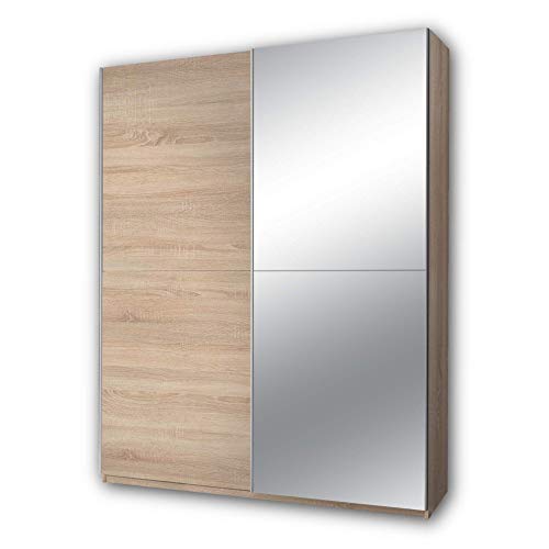 Stella Trading PULS Eleganter Kleiderschrank mit viel Stauraum & Spiegeltür - Vielseitiger Schwebetürenschrank in Eiche Sonoma Optik - 170 x 195 x 58 cm (B/H/T) von Stella Trading