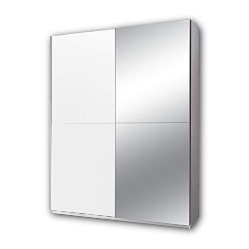 Stella Trading PULS Eleganter Kleiderschrank mit viel Stauraum & Spiegeltür - Vielseitiger Schwebetürenschrank in weiß - 170 x 195 x 58 cm (B/H/T) von Stella Trading