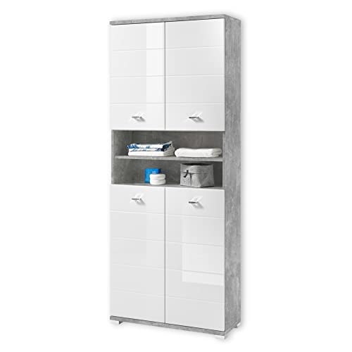 Stella Trading Badezimmer Hochschrank in Beton Optik, Weiß - Moderner Badezimmerschrank Bad Schrank mit viel Stauraum - 76 x 190 x 31 cm (B/H/T) von Stella Trading