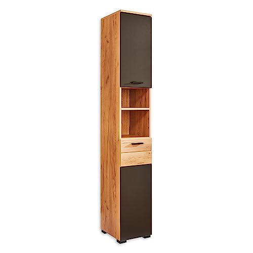 RIOM Badezimmer Hochschrank in Artisan Eiche Optik / Schwarz - Badezimmerschrank Bad Schrank mit viel Stauraum - 30 x 187 x 30 cm (B/H/T) von Stella Trading