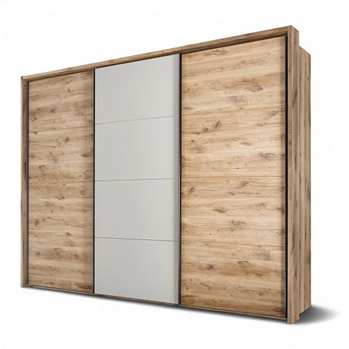 Stella Trading Ravenna Kleiderschrank mit Passepartout in Viking Oak Optik, Grau - Vielseitiger Schwebetürenschrank 3-türig für Ihr Schlafzimmer - 280 x 230 x 60 cm (B/H/T) von Stella Trading