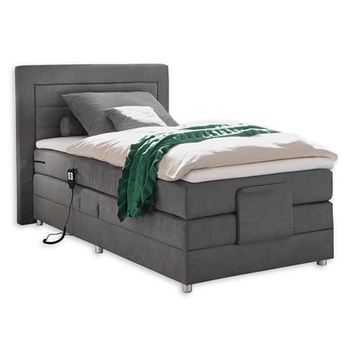 SABA 2 Boxspringbett 100x200 elektrisch verstellbar, Grau - Modernes Einzelbett mit 7-Zonen-Federkern Matratze & Komfortschaum Topper - 121 x 114 x 210 cm (B/H/T) von Stella Trading