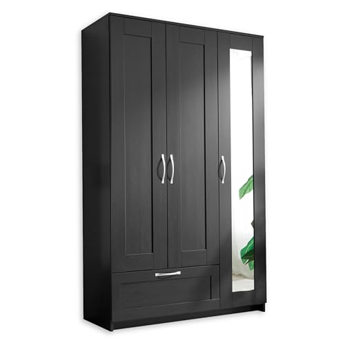 SALIAS Kleiderschrank mit Spiegeltür in Schwarz - Vielseitiger Drehtürenschrank 3-türig für Ihr Schlafzimmer - 117 x 190 x 50 cm (B/H/T) von Stella Trading