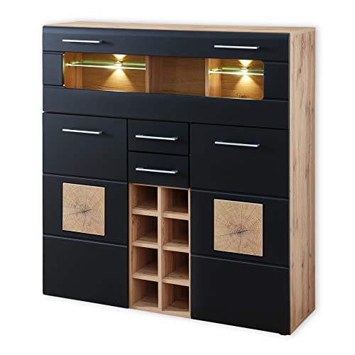 Stella Trading SONATE Barschrank in Eiche Altholz Optik, Schwarz - Modernes Highboard mit Flaschenregal und LED-Beleuchtung - 120 x 128 x 37 cm (B/H/T) von Stella Trading