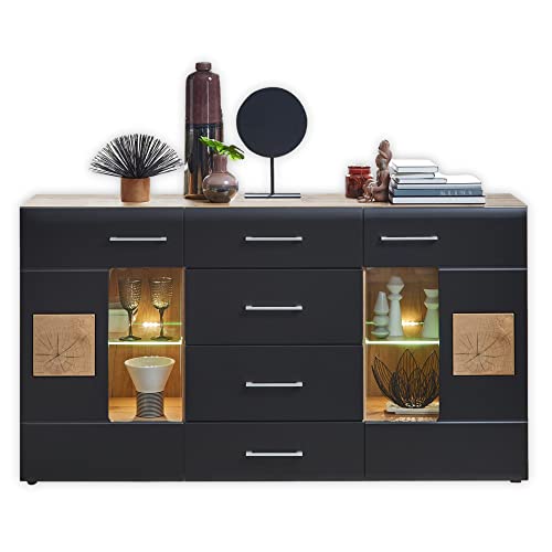 Stella Trading SONATE Sideboard in Eiche Altholz Optik, Schwarz - Moderne Kommode mit Schubladen und LED-Beleuchtung - 170 x 93 x 40 cm (B/H/T) von Stella Trading