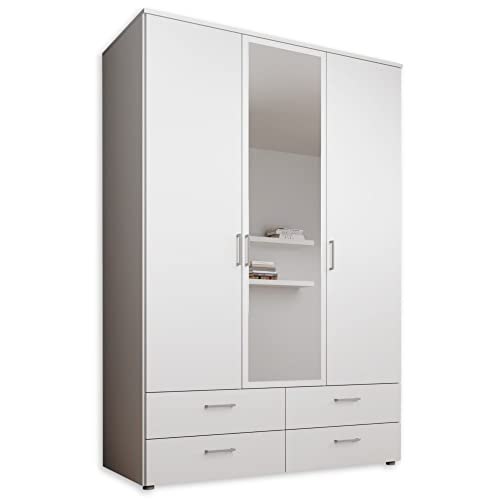 SPAZIO Kleiderschrank mit Spiegeltür in Weiß - Vielseitiger Drehtürenschrank 3-türig für Ihr Schlafzimmer - 138 x 199 x 48 cm (B/H/T) von Stella Trading