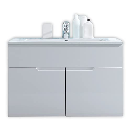 Stella Trading SPICE Badezimmer Waschbeckenunterschrank mit Waschbecken in Weiß Hochglanz - Bad Unterschrank mit viel Stauraum - 81 x 55 x 47 cm (B/H/T) von Stella Trading
