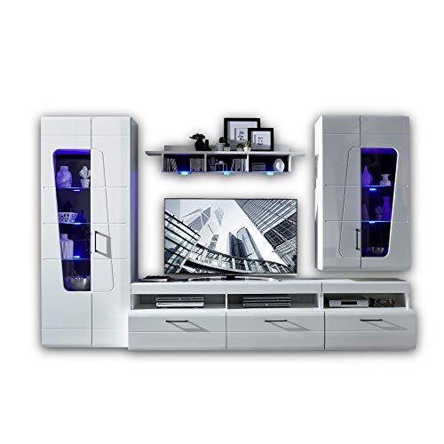Stella Trading SPIRIT PLUS Wohnwand Komplett-Set in Hochglanz Weiß - Moderne Schrankwand mit blauer LED-Beleuchtung für Ihr Wohnzimmer - 330 x 209 x 47 cm (B/H/T) von Stella Trading