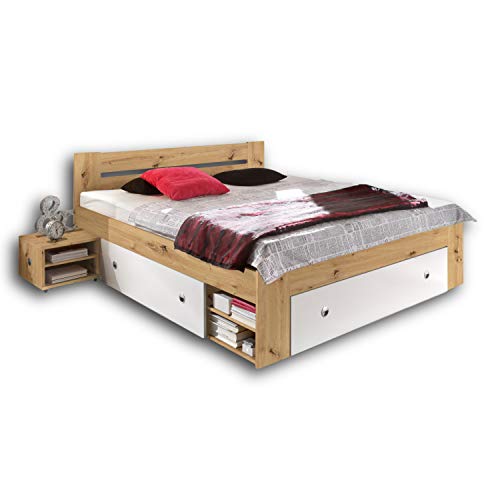 Stella Trading STEFAN Doppelbett Bettanlage 140 x 200 cm mit 2x Nachtkommoden - Schlafzimmer Komplett-Set in Artisan Eiche Optik, weiß - 145 x 86 x 204 cm (B/H/T) von Stella Trading