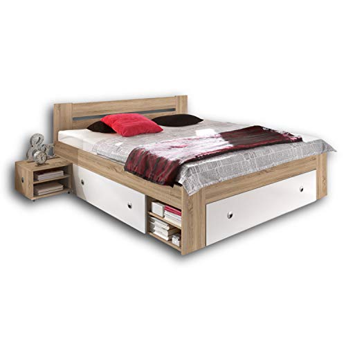 Stella Trading STEFAN Doppelbett Bettanlage 180 x 200 cm mit 2x Nachtkommoden - Schlafzimmer Komplett-Set in Eiche Sonoma Optik, weiß - 185 x 86 x 204 cm (B/H/T) von Stella Trading
