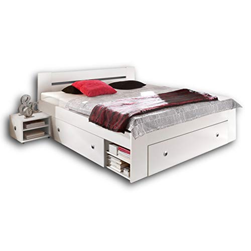 Stella Trading STEFAN Doppelbett Bettanlage 180 x 200 cm mit 2x Nachtkommoden - Schlafzimmer Komplett-Set in weiß - 185 x 86 x 204 cm (B/H/T) von Stella Trading