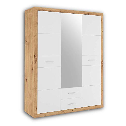 Stella Trading STONE Eleganter Kleiderschrank mit viel Stauraum & Spiegeltür - Vielseitiger Drehtürenschrank in Artisan Eiche Optik & Weiß - 151 x 198 x 55 cm (B/H/T) von Stella Trading