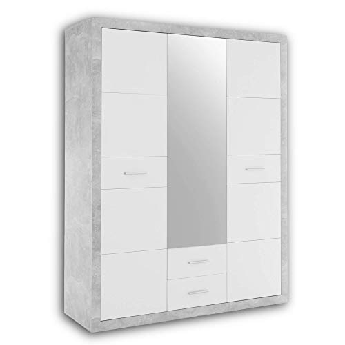 Stella Trading STONE Eleganter Kleiderschrank mit viel Stauraum & Spiegeltür - Vielseitiger Drehtürenschrank in Beton-Optik & Weiß - 151 x 198 x 55 cm (B/H/T) von Stella Trading