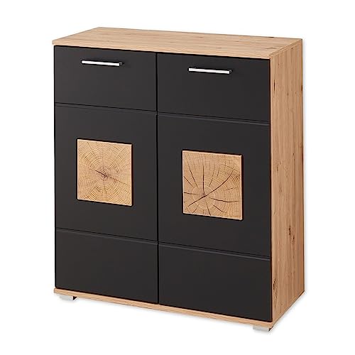 Stella Trading Schuhschrank in Schwarz, Artisan Eiche Optik mit Hirnholz-Applikationen - Modernes Schuhregal mit viel Stauraum für Ihre Schuhe - 84 x 95 x 38 cm (B/H/T) von Stella Trading