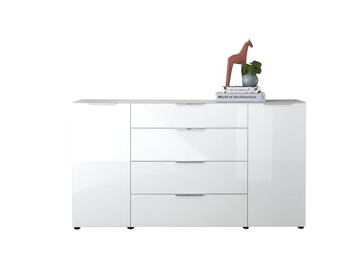 Stella Trading Sideboard Kommode SANTORIN weiß 180 cm breit mit Glasfront, Schrank Korpus in weiß mit Oberboden in Glas und Schubladen für Ihren Wohnbereich - 180 x 99 x 40 cm (B/H/T) von Stella Trading