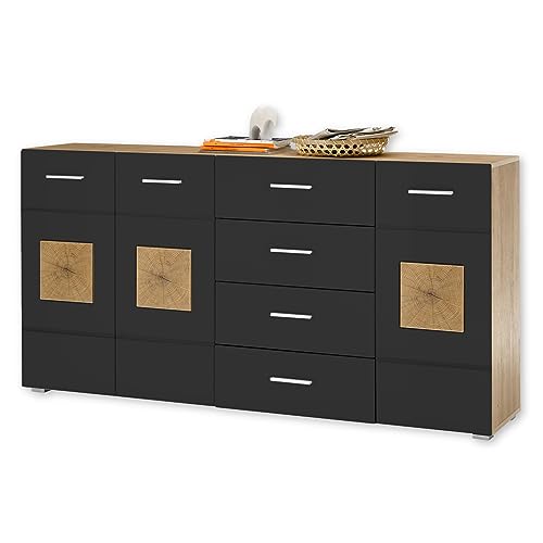 Stella Trading Sideboard in Schwarz, Artisan Eiche Optik mit Hirnholz-Applikationen - Moderne Kommode mit Schubladen und viel Stauraum - 180 x 92 x 38 cm (B/H/T) von Stella Trading