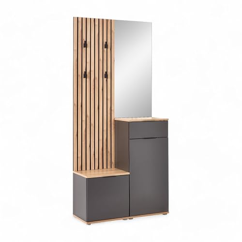 Stella Trading Simple Flurgarderoben Set in Artisan Eiche Optik, Anthrazit - Moderne Kompaktgarderobe mit Spiegel für Ihren Eingangsbereich - 88 x 195 x 35 cm (B/H/T) von Stella Trading