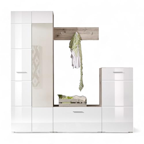 Stella Trading Sixx Flurgarderoben Set in Weiß Hochglanz/Sandeiche Optik - Moderne Kompaktgarderobe 4-teilig für Ihren Eingangsbereich - 195 x 195 x 36 cm (B/H/T) von Stella Trading