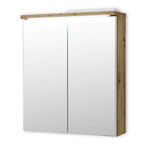 Stella Trading Spiegelschrank Bad mit LED-Beleuchtung in Artisan Eiche Optik, Weiß - Moderner Badezimmerspiegel Schrank mit viel Stauraum - 60 x 68 x 20 cm (B/H/T) von Stella Trading