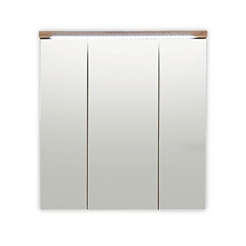 Stella Trading Spiegelschrank Bad mit LED-Beleuchtung in Wildeiche Optik, Weiß matt - Badezimmerspiegel Schrank mit viel Stauraum - 70 x 74 x 20 cm (B/H/T) von Stella Trading