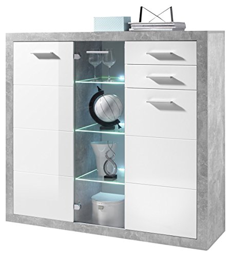 STONE Highboard in Beton Optik, Weiß Hochglanz - Moderner Wohnzimmerschrank mit Schubladen und LED-Beleuchtung - 137 x 134 x 37 cm (B/H/T) von Stella Trading