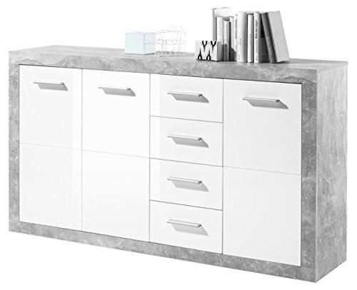 STONE Kommode mit Schubladen in Beton Optik, Weiß Hochglanz - Moderne Kommode mit viel Stauraum für Ihren Wohnbereich - 152 x 88 x 37 cm (B/H/T) von Stella Trading