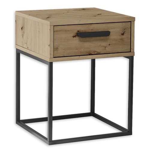 SUNA Nachttisch in Artisan Eiche Optik - Moderner Nachtschrank mit Schublade und schwarzem Metallgestell - 40 x 52 x 38,5 cm (B/H/T) von Stella Trading